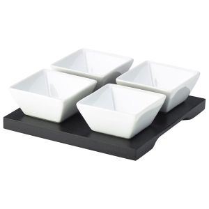 Genware Black Wooden Tray With 4 Dip Dishes(Pack of 4)