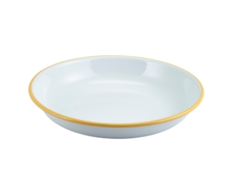 Genware Enamel Rice/Pasta Plate White with Yellow Rim 20cm
