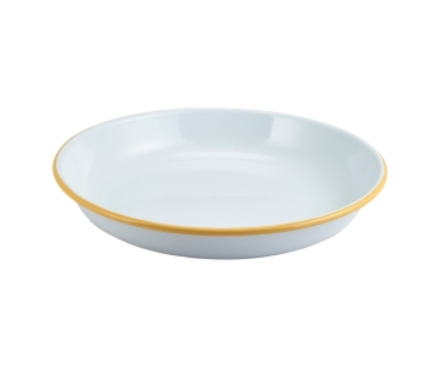 Genware Enamel Rice/Pasta Plate White with Yellow Rim 24cm