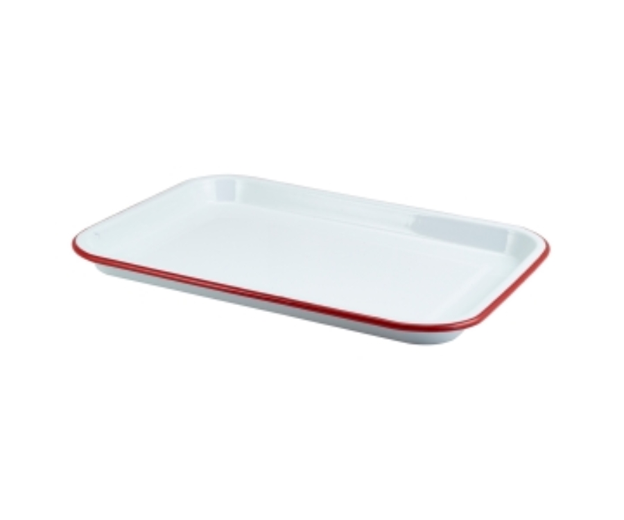 Genware Enamel Serving Tray White with Red Rim 33.5x23.5x2.2cm