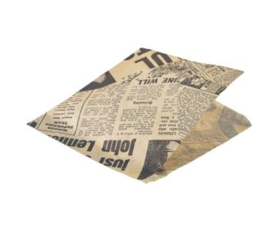 Genware Greaseproof Paper Bags Brown Newspaper Print 17.5 x 17.5cm