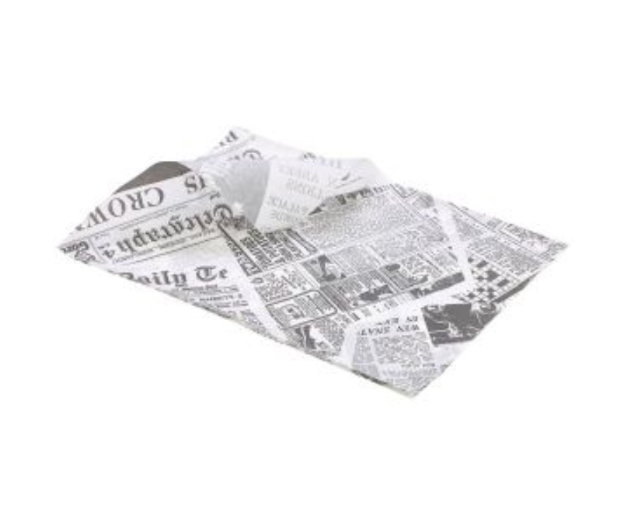 Genware Greaseproof Paper White Newspaper Print 25 x 35cm